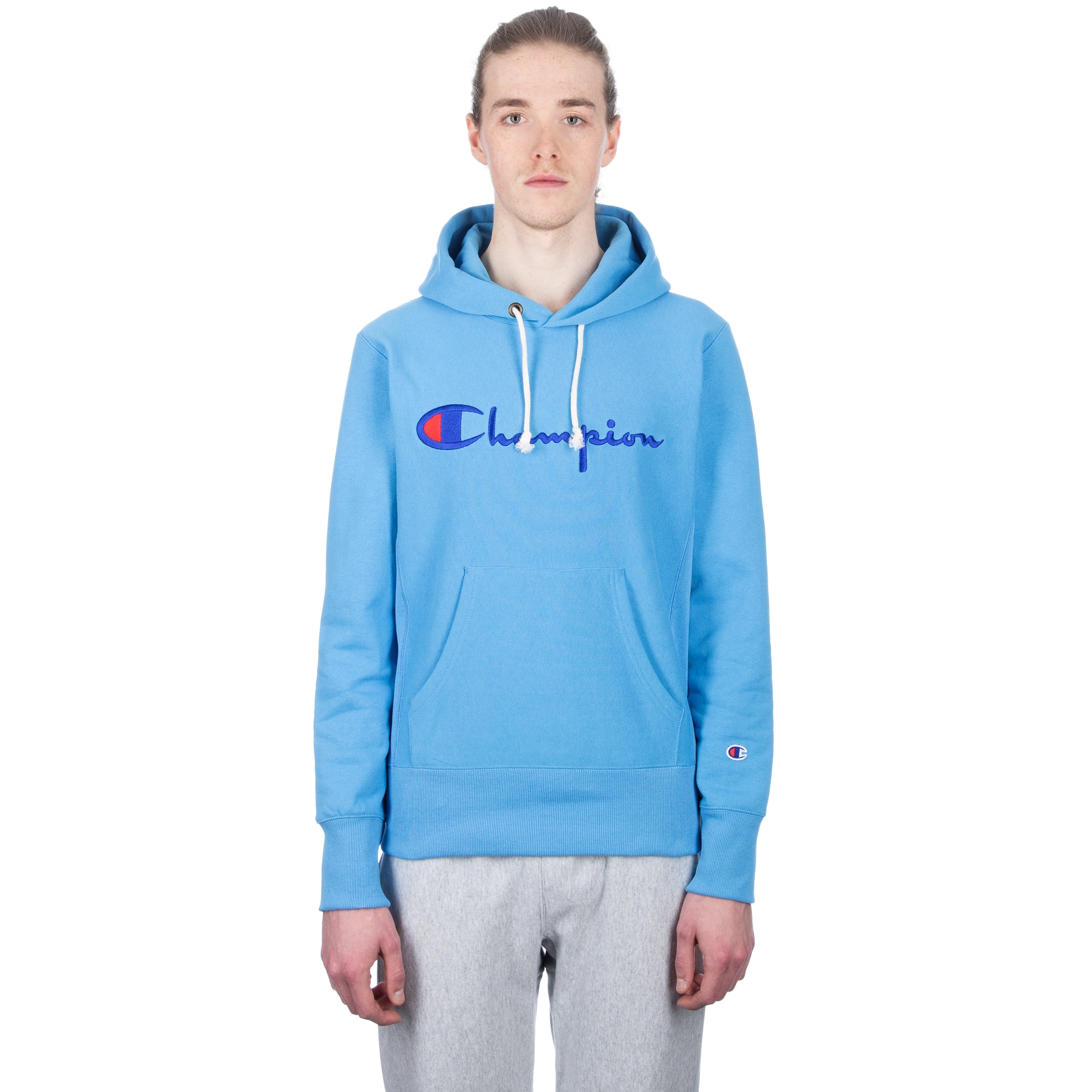 light blue reverse weave champion hoodie